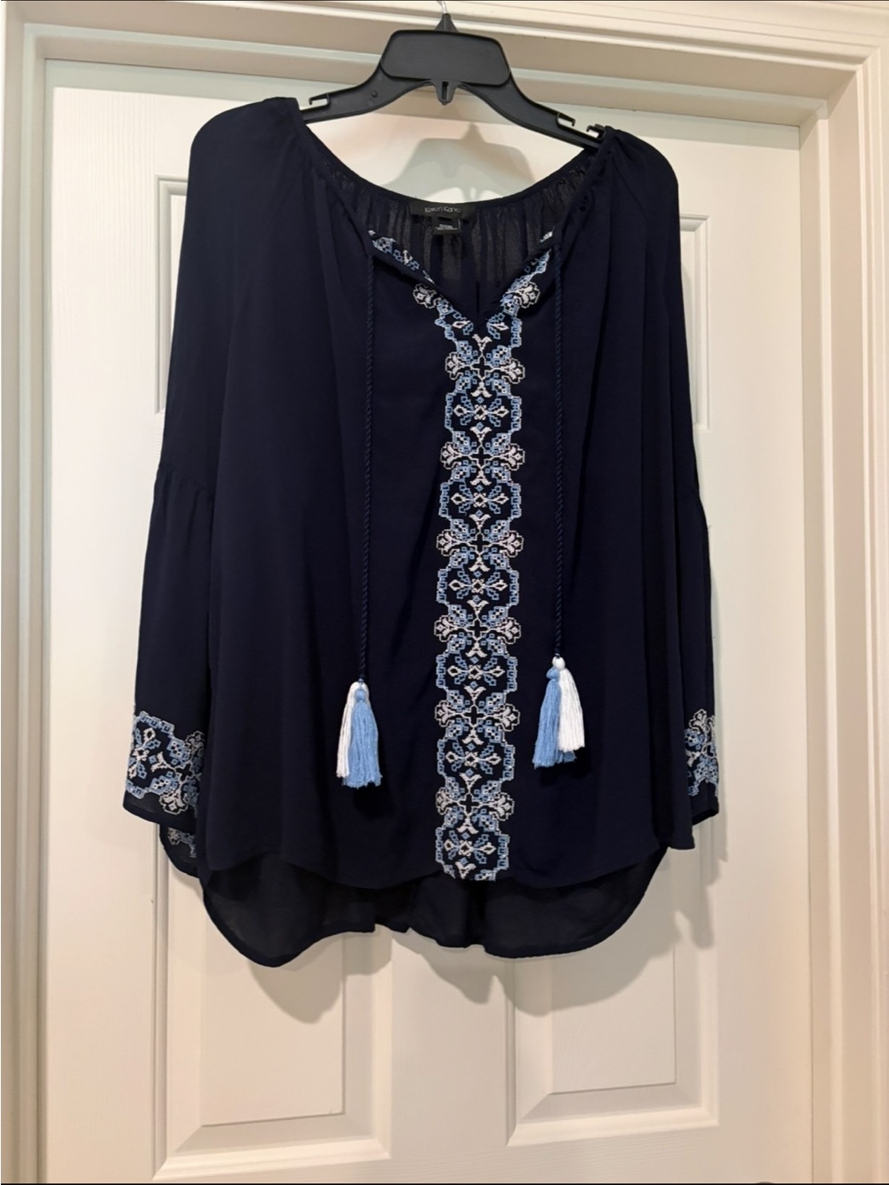 Karen Kane Navy Peasant Blouse with Light Blue Embroidery